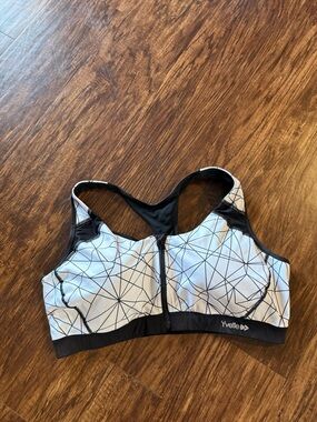 Yvette Sports White Geometric Zip-Front Sports Bra